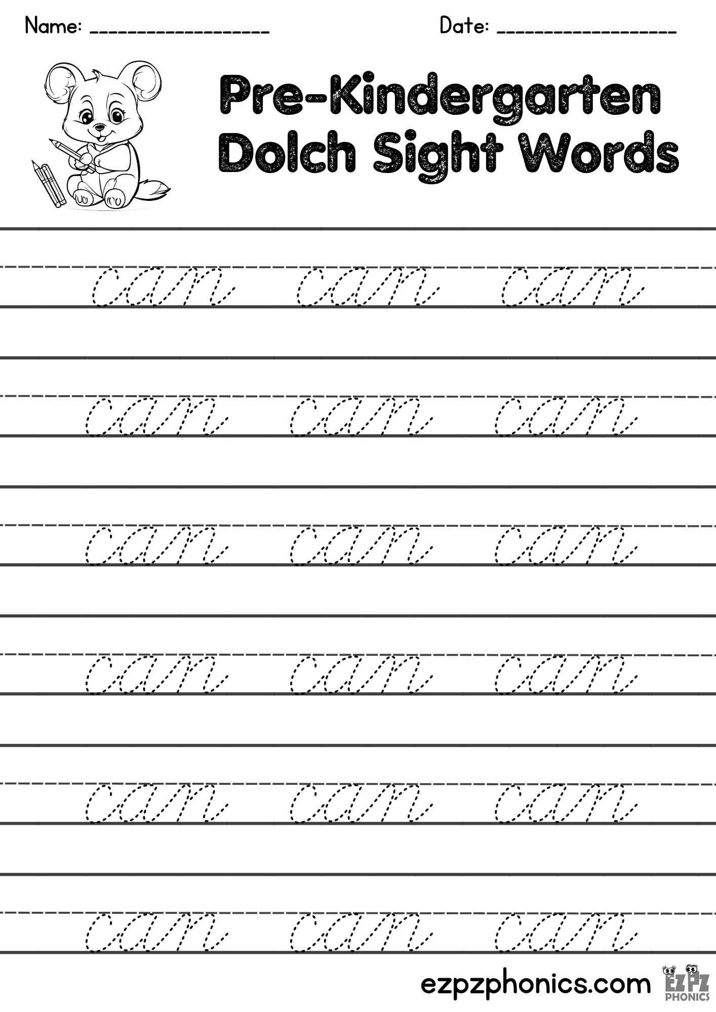 The Word Can Cursive Writing Practice – Pre-K Dolch Sight Words Free PDF Download